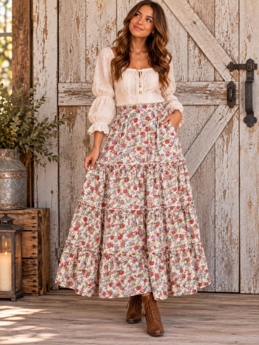 Tired Maxi Skirt Rose Floral Print With Pockets Cottagecore Romantic Prairie